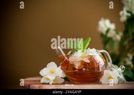 jasminblütentee in einer Glaskanne. Stockfoto