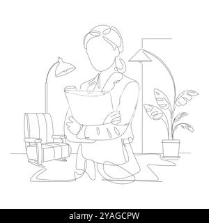 Einzelne durchgehende Linienzeichnung einer jungen Architektin mit Blaudruckpapier-Pose-Traversen. Beruflicher Berufsberuf. Minimalismus-Konzept Stock Vektor