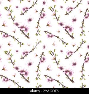 Aquarell Mandelblüte Baumzweig Frühlingsblätter, Knospen und blühende Blumen nahtloses Muster Hand gezeichnete Illustration Apfel oder Kirsche in Blüte Stockfoto
