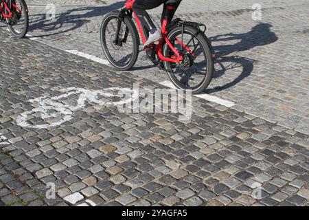 Ein Radfahrer fährt am Mittwoch 09.10.2024 in Waren Müritz Landkreis Mecklenburgische Seenplatte am örtlichen Stadthafen mit seinem Rad den Radweg entlang. Um die Verkehrswende in Deutschland weiter voranbringen gilt es u.a. das Radwegenetz in den Städten weiter auszubauen. Dahingehend investiert das Land Mecklenburg Vorpommern seit Jahren in seine Radwege. So wurden allein im Jahr 2023 schnell 16 Millionen Euro in Radwege an Landesstraßen investiert. *** Ein Radfahrer fährt am Mittwoch 09 10 2024 auf dem Radweg am Stadthafen in Waren Müritz, Mecklenburgische Seenplatte Stockfoto