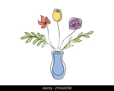 Minimalistische Blumenillustration mit Tulpe und Rose in Vase. Blumenstrauß isoliert auf weißem Hintergrund. Durchgehende einzeilige Zeichnung. Farbige Linie Stock Vektor