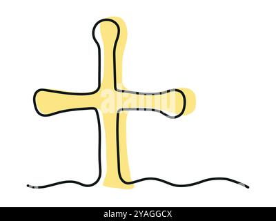 Durchgehende einzeilige Zeichnung eines goldenen Kreuzes auf weißem Hintergrund. Abstrakte Strichgrafik Osterkonzept, christliches Symbol, glaube, Spiritualität Stock Vektor