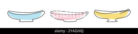 Satz von minimalistischen Line Art Bunte Schalen isoliert auf weißem Hintergrund. Durchgehende einzeilige Zeichnung. Leere Platten. Konzept von Küchengeschirr, Black Outli Stock Vektor