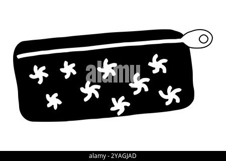 Schwarze Silhouette des Bleistiftetui mit Blumenmustern isoliert auf weißem Hintergrund. Konzept von Schulbedarf, Schreibwaren, niedlichem Design, Essent für Schüler Stock Vektor