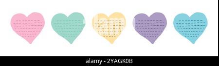 Set aus farbenfrohen, herzförmigen Haftnotizen mit Linien auf weißem Hintergrund. Konzept kreativer Schreibwaren, Liebesnotizen, dekorativer Schulunterlage Stock Vektor
