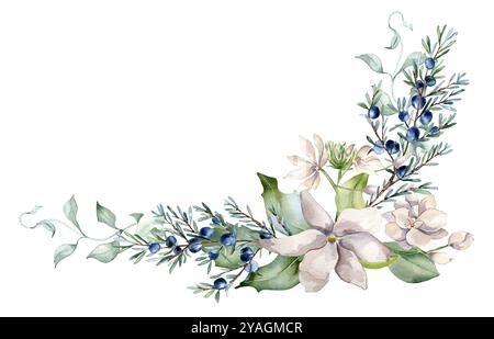 Jasminrosa Blumen und wacholderzweig Aquarellillustration isoliert. Florale Eckanordnung in sanften Tönen im botanischen Stil handgezeichnet Stockfoto