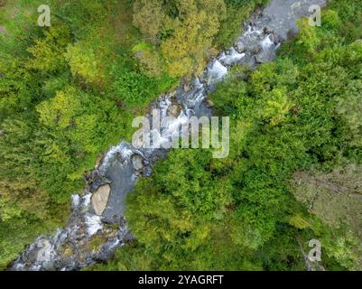 Blick von oben auf den Fluss Flamisell, der durch das Tal Vall Fosca fließt (Pallars Jussà, Lleida, Katalonien, Spanien, Pyrenäen) Stockfoto