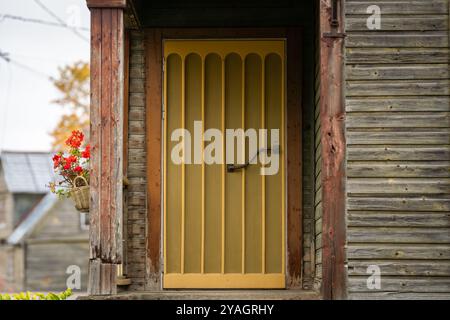 Alte grüne und gelbe Tür an der Außenseite des Holzhauses. Gemalter Vordereingang eines Holzhauses. Holztür Hintergrund. Stockfoto