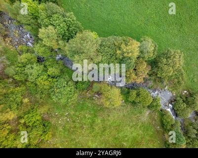 Blick von oben auf den Fluss Flamisell, der durch das Tal Vall Fosca fließt (Pallars Jussà, Lleida, Katalonien, Spanien, Pyrenäen) Stockfoto