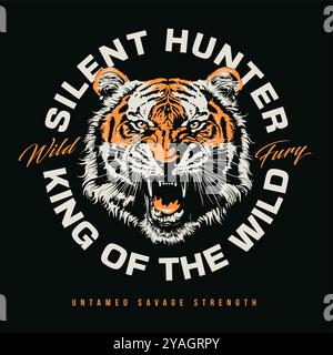 Grunge-Vektor-Emblem mit brüllendem Tigerkopf. Perfekt für T-Shirt-Prints, Bekleidung und Etikettendesigns. Kontraststarker Grunge-Style. Vektor-EPS10-Grafik. Stock Vektor