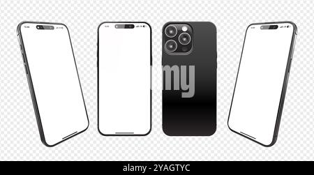 Mobiltelefon mit leerem Bildschirm auf transparentem Hintergrund. Realistisches 3D-Smartphone-Vektormodell für Präsentationen. Stock Vektor