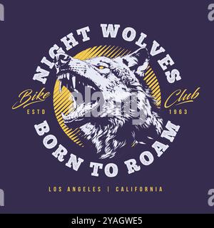 Grunge-Vektor-Emblem mit einem wilden Wolfskopf und Typografie. Perfekt für T-Shirt-Prints, Bekleidung und Aufkleber. Kontraststarker Grunge-Style. Vektor-EPS10-Grafik. Stock Vektor