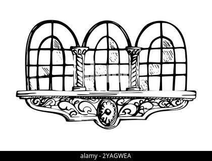 Mexikanischer mediterraner marokkanischer Bogenrahmen mit dreifacher Fensterfront, Fassade des architektonischen Hauses. Handgezeichnete Vektorgrafik. Einzelnes Element Stock Vektor