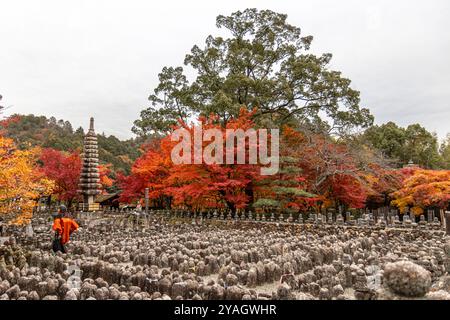 Steinstatuen Pagode buntes Herbstlaub nenbutsu JI Tempel kyoto Stockfoto