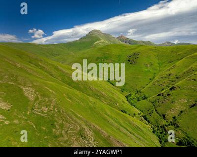 Blick aus der Vogelperspektive auf die Almwiesen des Vall d'Àssua-Tals im Sommer. Im Hintergrund der Gipfel des Montsent de Pallars. Pallars Sobirà, Pyrenäen Stockfoto