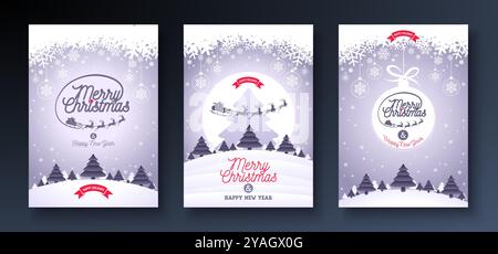 Frohe Weihnachten und Happy New Year Grußkarten Design Set mit Santa Schlitten und dem Rentier und Typografie Buchstaben auf sauberem Hintergrund. Vektor Stock Vektor