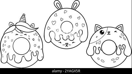 Niedliche Outline Donuts Cartoon Kawaii Charakter Einhorn, Kaninchen und Katze mit Tropfengläser. Isolierte süße Speisen. Linienzeichnung, Malbuch. Vektorillust Stock Vektor