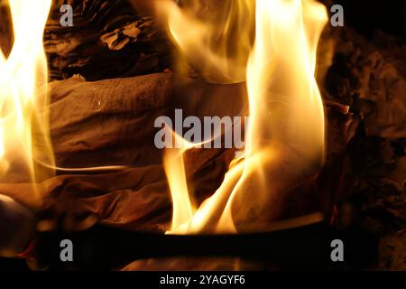 Ein Dokument, das in einem brennenden Feuer brennt. Stockfoto