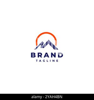 Montierter Anfangsbuchstabe M-Logodesign. Einfaches, M-förmiges Bergsymbol mit Sonnenbogen-Logo. Stock Vektor