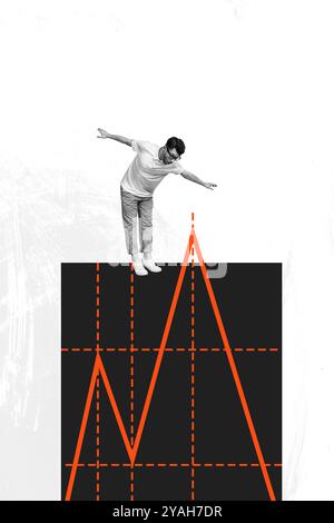 Vertikale Fotocollage von verängstigten Mann Angestellter Falldiagramm Wirtschaft Ausfall Rückgang Statistik isoliert auf gemaltem Hintergrund Stockfoto