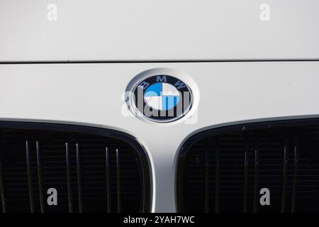 Das ikonische bmw Logo glänzt auf der Motorhaube eines weißen Sportwagens und zeigt sein luxuriöses und kraftvolles Design Stockfoto