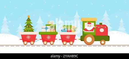 Weihnachtsmann fährt Weihnachtszug mit Geschenken auf Winterhintergrund. Der Zug trägt Geschenke und Weihnachtsbaum. Stock Vektor
