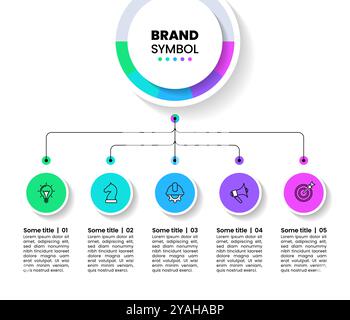 Infografik-Vorlage mit Symbolen und 5 Optionen oder Schritten. Verbundene Kreise. Kann für Workflow-Layout, Diagramm, Banner und Webdesign verwendet werden. Vektorillustr Stock Vektor