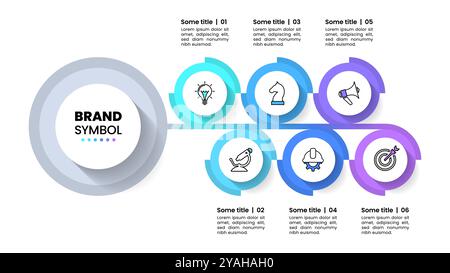 Infografik-Vorlage mit Symbolen und 6 Optionen oder Schritten. Angeschlossene Gänge. Kann für Workflow-Layout, Banner, Diagramm und Webdesign verwendet werden. Vektorillustrat Stock Vektor