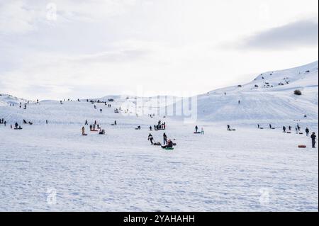 Die Menschen entspannen in der Natur und fahren in den Winterferien bergab mit Tubing. Shymkent, Kasachstan - 27. Januar 2024 Stockfoto