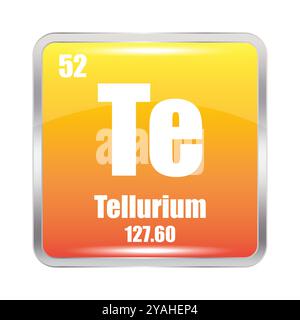 Tellursymbol. Chemisches TE-Element. Atomzahl 52. Masse 127.60. Orangefarbenes Quadrat. Stock Vektor