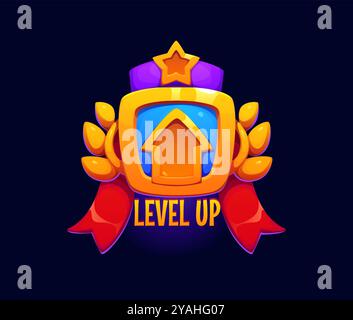 Symbol für „Level-Up-Spiel“ für „Belohnung, Bewertung“ Comic-Vektor-Pop-up-Emblem für Gaming-Schnittstellen und -Plattformen, mit Pfeil auf goldenem Schild mit rotem Band, Stern- und Lorbeerblättern, die die Leistung des Benutzers symbolisieren Stock Vektor