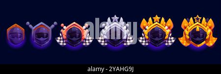 Progression für das Rang-Award-Abzeichen für Autorennen. Cartoon-Vektor-Auszeichnungen enthalten karierte Flaggen und Helme, die Leistung und Konkurrenz in der Gaming-Welt, Spieloberflächen oder als App-Icons darstellen Stock Vektor