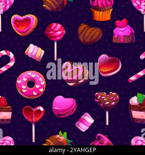 Valentinsherz und rosa Süßigkeiten nahtloses Muster, Vektor-Zeichentrickhintergrund. Liebe Lutscher Karamell-Muster für Valentinstag mit rosa Donut mit Erdbeere in Schokolade und Herzkuchen Kekse Stock Vektor