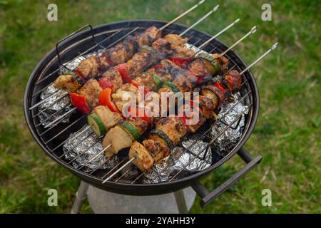 Köstliche gegrillte Hühnchen- und Gemüsespieße auf einem Holzkohlegrill. Konzept für Sommerkochen im Freien, Grillparty und gegrilltes Essen Stockfoto