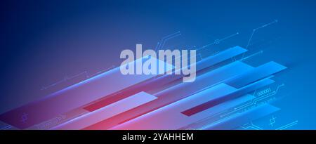 Abstrakte technologische Illustration mit Neonlichtern auf einem dunkelblauen Verlaufshintergrund. Dieser Vektor wurde von Hand gezeichnet. Stock Vektor