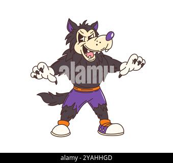 Grooviger Halloween Werwolf Charakter in Retro-Cartoon für Horrorurlaub, Vektor-Funky-Monster. Grooviger Werwolf oder böse Monster Wolf Tier Angst mit gruseligen Gesicht und Krallen für Halloween-Feiertage Stock Vektor