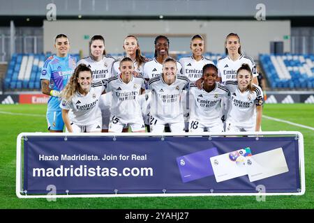 Team von Real Madrid während der spanischen Meisterschaft der Frauen 39, Liga F, Fußballspiel zwischen Real Madrid und Atletico de Madrid am 13. Oktober 2024 im Alfredo Di Stefano Stadion in Valdebebas, Madrid, Spanien Stockfoto