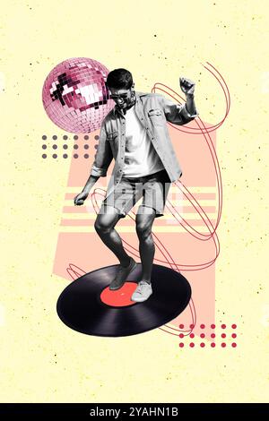 Trend-Artwork 3D-Sketch-Bild Foto-Collage des jungen Mannes sorglose Tanzparty Entspannen Feier Disco Ball Vinyl-Schallplatte Vintage-Stil Stockfoto