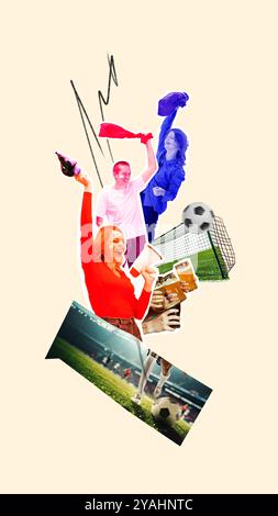 Glückliches und aufgeregtes Mädchen, Sportfans feiern das erfolgreiche Fußballspiel der Lieblingsmannschaft. Befürworter von Bier. Zeitgenössische Kunstcollage. Stockfoto