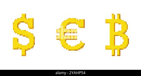 Pixel Art Coins von Dollar, Bitcoin und Euro. Goldener Retro Gepixelter Währungsmünzen-Set. Abbildung Des Isolierten Vektors Stock Vektor