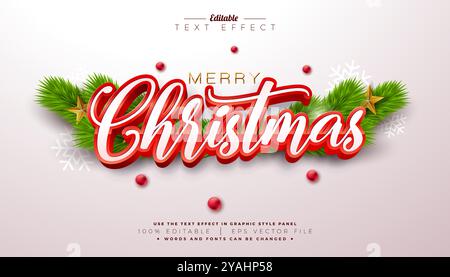 Merry Christmas 3D-Texteffekt-Design. Editierbarer und skalierbarer Vektorgrafik-Effekt mit roter Typografie und Ornamenten auf weiß Stock Vektor