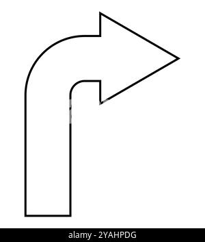 Pfeil, der nach rechts zeigt, Abbildung der schwarzen und weißen Vektorsilhouette eines Symbols mit gekrümmter Pfeilform Stock Vektor