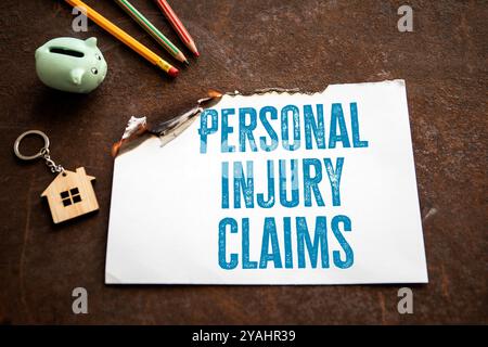 Personenschäden. Brennendes Papier mit Text auf rostendem Metallhintergrund. Stockfoto