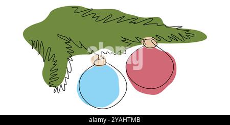 Durchgehende Strichzeichnung Weihnachtskarte mit Tannenzweigen, weihnachtskugeln. Vector Line Art Illustration für Grußkarte, Einladung. Winterferien Stock Vektor