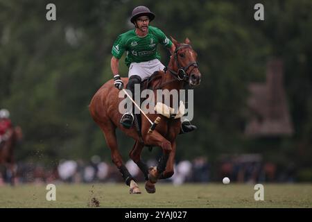 Tortugitas, Buenos Aires - 13. Oktober 2024: In der zweiten Runde der 84. Tortugas Country Club Open, präsentiert von Jumbo, triumphierte La Dolfina Saudi mit einem Sieg von 17-13 auf Feld 5 über La Hache Cría & Polo. Gonzalo Ferrari trat für den verletzten Adolfito Cambiaso ein, und La Dolfina fand ihren Rhythmus vom zweiten Chukker, gewann ihn 4-0 und übernahm die Kontrolle über das Spiel. Poroto Cambiaso stieß mit 8 Toren (sechs im Elfmeterschießen) auf, während Pelón Stirling und Juan M. Nero zu einer starken Teamleistung beitrugen. Trotz der frühen Verletzung von Facundo Sola beim ersten Chukker Ignacio Laprida Stockfoto