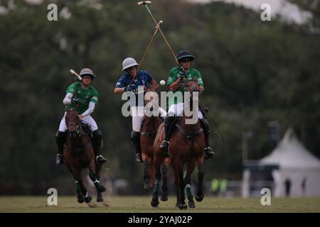 Tortugitas, Buenos Aires - 13. Oktober 2024: In der zweiten Runde der 84. Tortugas Country Club Open, präsentiert von Jumbo, triumphierte La Dolfina Saudi mit einem Sieg von 17-13 auf Feld 5 über La Hache Cría & Polo. Gonzalo Ferrari trat für den verletzten Adolfito Cambiaso ein, und La Dolfina fand ihren Rhythmus vom zweiten Chukker, gewann ihn 4-0 und übernahm die Kontrolle über das Spiel. Poroto Cambiaso stieß mit 8 Toren (sechs im Elfmeterschießen) auf, während Pelón Stirling und Juan M. Nero zu einer starken Teamleistung beitrugen. Trotz der frühen Verletzung von Facundo Sola beim ersten Chukker Ignacio Laprida Stockfoto