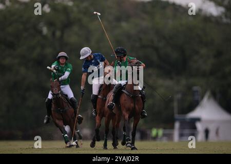 Tortugitas, Buenos Aires - 13. Oktober 2024: In der zweiten Runde der 84. Tortugas Country Club Open, präsentiert von Jumbo, triumphierte La Dolfina Saudi mit einem Sieg von 17-13 auf Feld 5 über La Hache Cría & Polo. Gonzalo Ferrari trat für den verletzten Adolfito Cambiaso ein, und La Dolfina fand ihren Rhythmus vom zweiten Chukker, gewann ihn 4-0 und übernahm die Kontrolle über das Spiel. Poroto Cambiaso stieß mit 8 Toren (sechs im Elfmeterschießen) auf, während Pelón Stirling und Juan M. Nero zu einer starken Teamleistung beitrugen. Trotz der frühen Verletzung von Facundo Sola beim ersten Chukker Ignacio Laprida Stockfoto