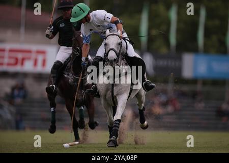 Tortugitas, Buenos Aires - 13. Oktober 2024: In der Fortsetzung der zweiten Runde (erste in Zone B) der 84. Tortugas Country Club Open, präsentiert von Jumbo, sicherte sich das La Hache Polo Team einen 13-10 Sieg über La Ensenada Dietrich auf Feld 7, beide Teams spielten mit gleichem Handicap. La Ensenada startete stark, Jerónimo del Carril war in der ersten Halbzeit hervorragend und gab seinem Team einen Vorsprung von 4 Toren, so dass das La Hache Polo Team in der Halbzeit um 3 lag. In der zweiten Halbzeit kam es jedoch zu einer kompletten Wende, als Fran Elizalde und Tommy Panelo begannen, Polito Pieres und Hilario Ulloa, Shifti, zu unterstützen Stockfoto