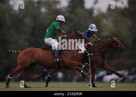 Tortugitas, Buenos Aires - 13. Oktober 2024: In der zweiten Runde der 84. Tortugas Country Club Open, präsentiert von Jumbo, triumphierte La Dolfina Saudi mit einem Sieg von 17-13 auf Feld 5 über La Hache Cría & Polo. Gonzalo Ferrari trat für den verletzten Adolfito Cambiaso ein, und La Dolfina fand ihren Rhythmus vom zweiten Chukker, gewann ihn 4-0 und übernahm die Kontrolle über das Spiel. Poroto Cambiaso stieß mit 8 Toren (sechs im Elfmeterschießen) auf, während Pelón Stirling und Juan M. Nero zu einer starken Teamleistung beitrugen. Trotz der frühen Verletzung von Facundo Sola beim ersten Chukker Ignacio Laprida Stockfoto