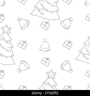 Weihnachtsfeiertage. Farbmuster in Handzeichnung. Weihnachtsbäume, Hüte, Geschenke. Kann für Gewebe verwendet werden Stock Vektor